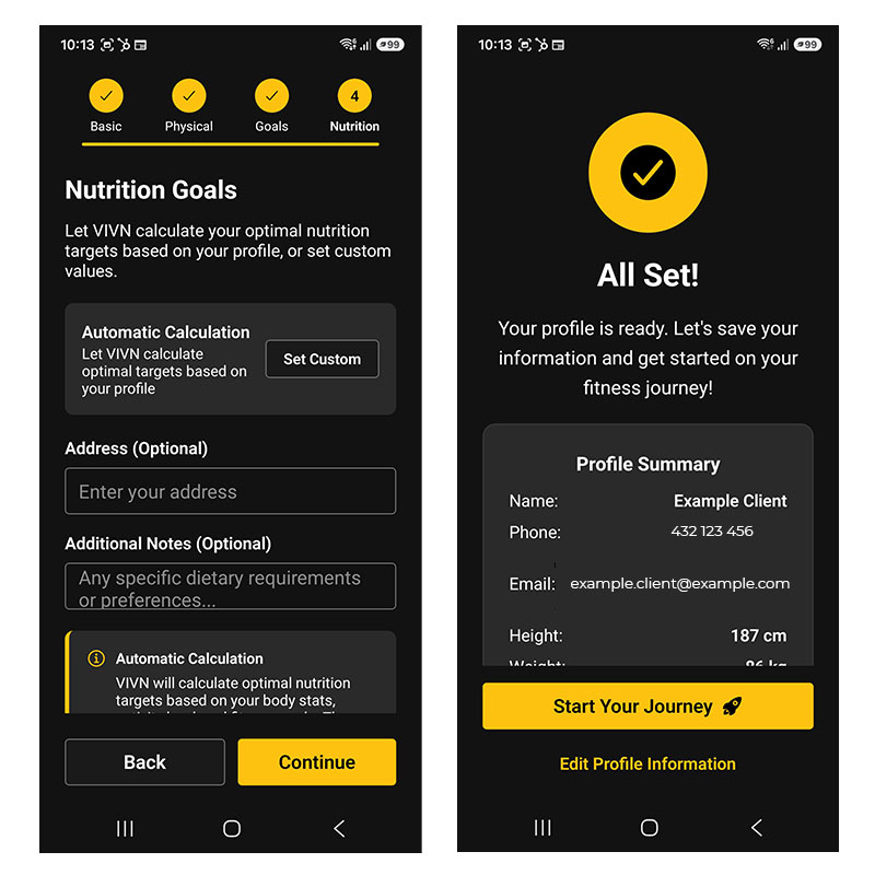 VIVN app nutrition goals screen