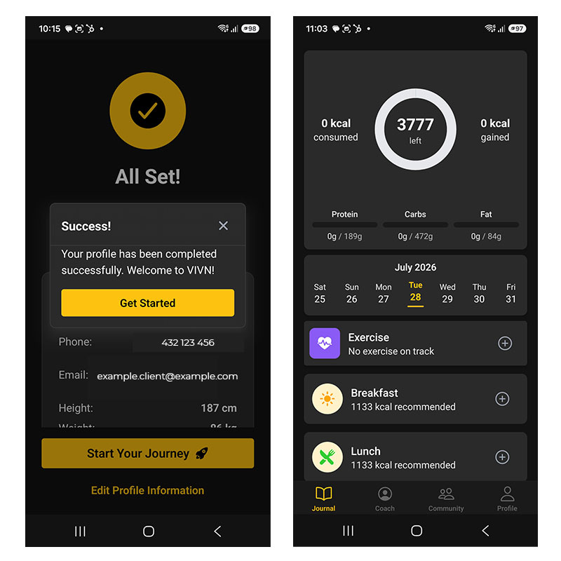 VIVN app profile creation success screen